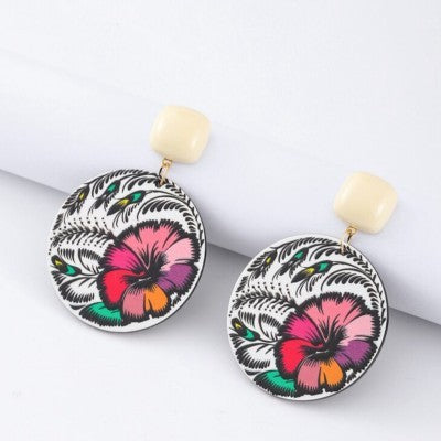 Flower print round earrings