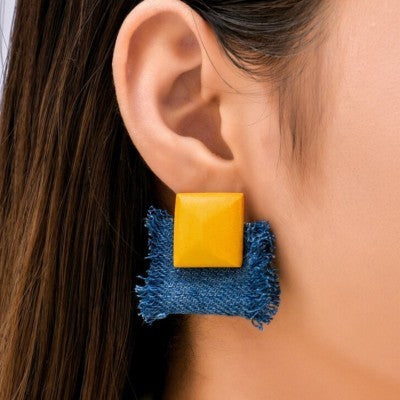 Jeans fabric & yellow wooden earrings